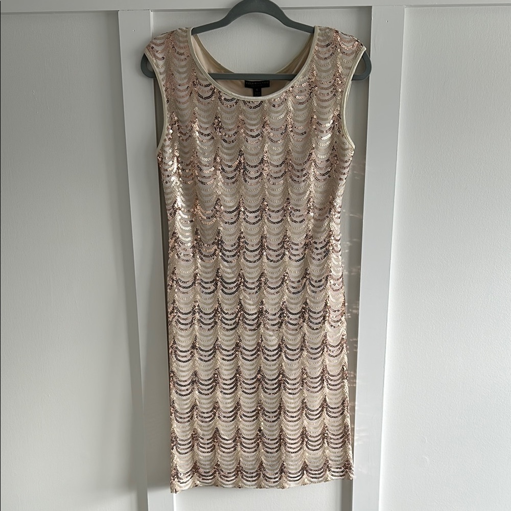 Connected Apparel Cream Sheath Mini Dress Scoop Neck Cocktail